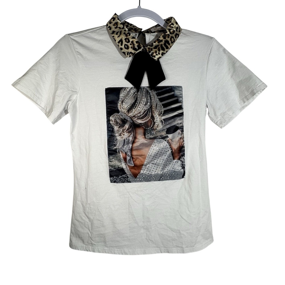 Miao Miao Women's S Graphic White T Shirt Rhinestone Leopard Print Collar Y2K